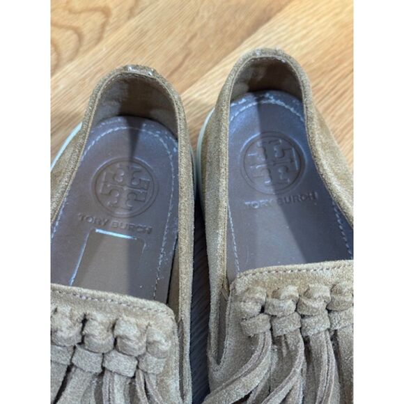 Tory Burch Fria Camel suede fringe slip ons sz 7 Gently Used - Picture 6 of 8